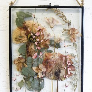 giant pressed peach poppies, coral blossom, eucalyptus, fuchsia preserved picture frame