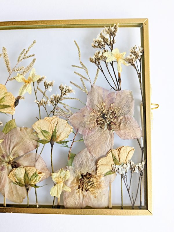 Pastel spring garden flowers pressed preserved gold frame floral art dried flowers perfect gift idea