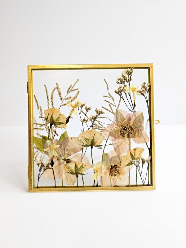 Pastel spring garden flowers pressed preserved gold frame floral art dried flowers perfect gift idea
