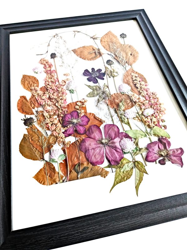 Pink pressed preserved wildflowers autumn leaves floral art gift picture